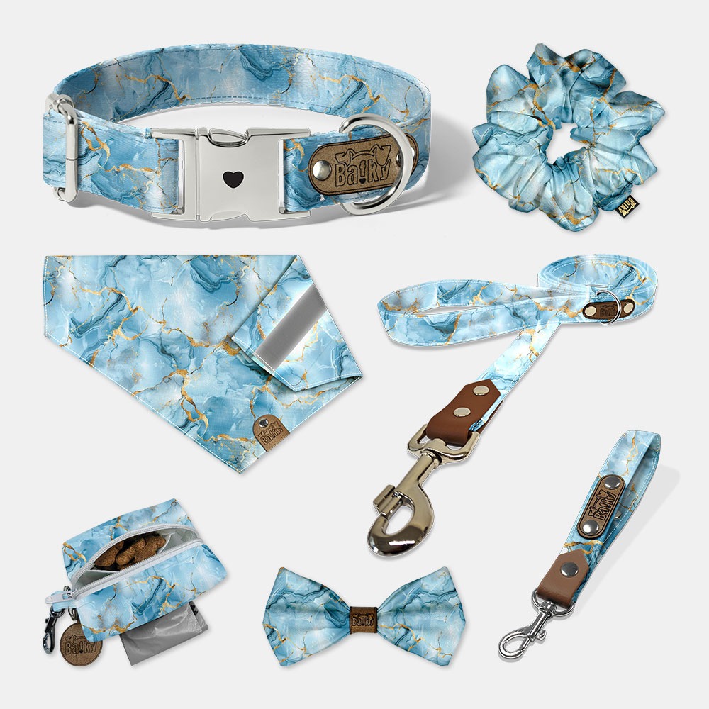Set - obojok, motýlik, vodítko, vôdzk, šatka na obojok, bobkovník, scrunchie gumička do vlasov